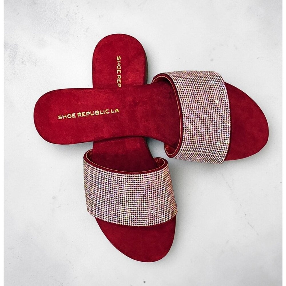 Shoe Republic LA Red Embellished Slide Sandals